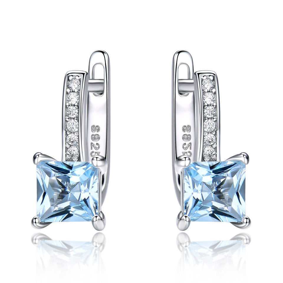 Sky Blue Topaz Earrings - Silver Craftsmanship featuring square-cut nano topaz and cubic zirconia on 925 sterling silver. Elegant and timeless design.