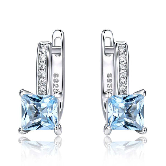 Sky Blue Topaz Earrings - Silver Craftsmanship featuring square-cut nano topaz and cubic zirconia on 925 sterling silver. Elegant and timeless design.