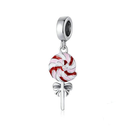 Sterling silver lollipop charm with red and white design