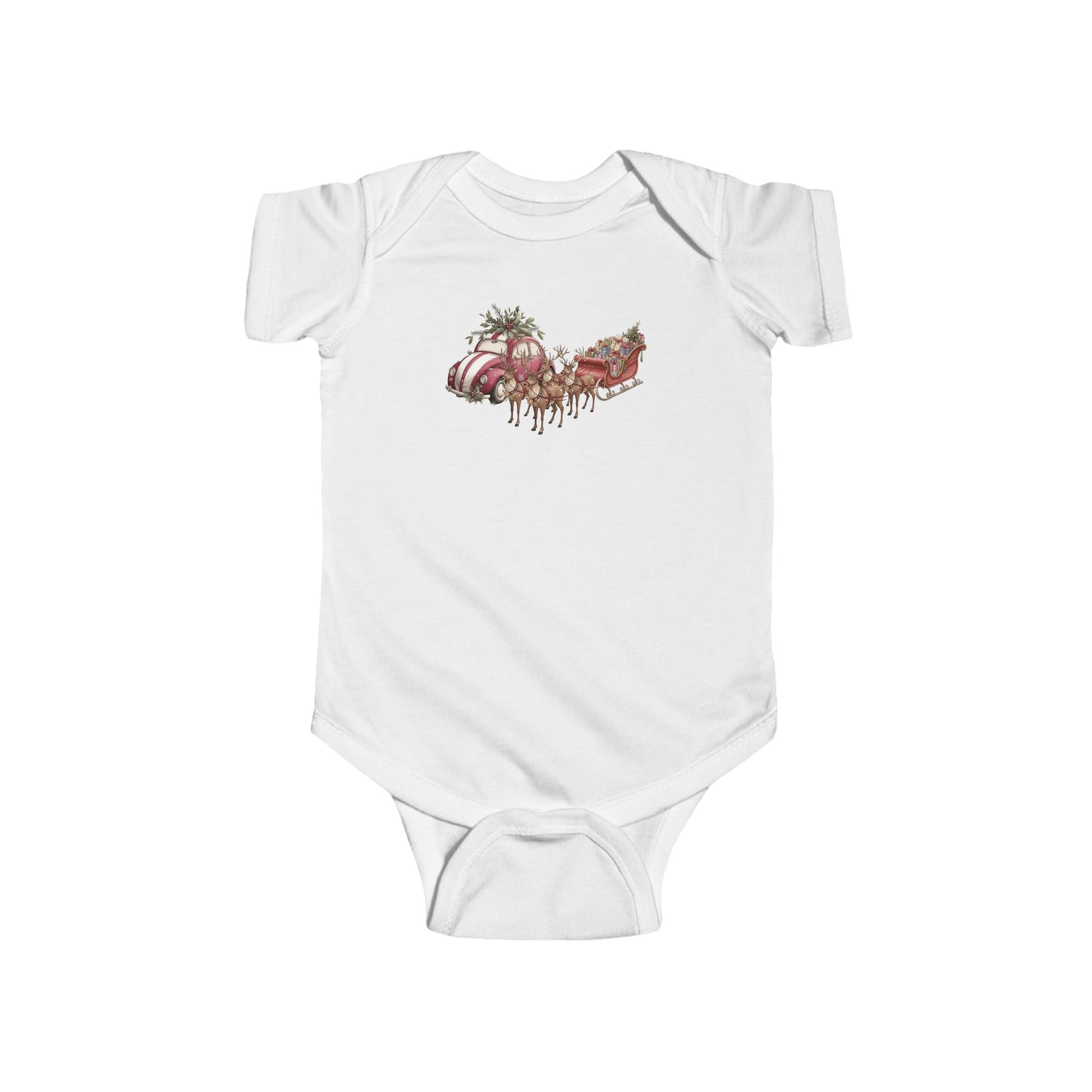 Infant Sleigh Bodysuit featuring a festive red sleigh and reindeer print, made from soft cotton for cozy holiday babywear and easy diaper changes.
