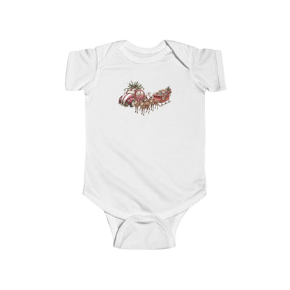 Infant Sleigh Bodysuit featuring a festive red sleigh and reindeer print, made from soft cotton for cozy holiday babywear and easy diaper changes.