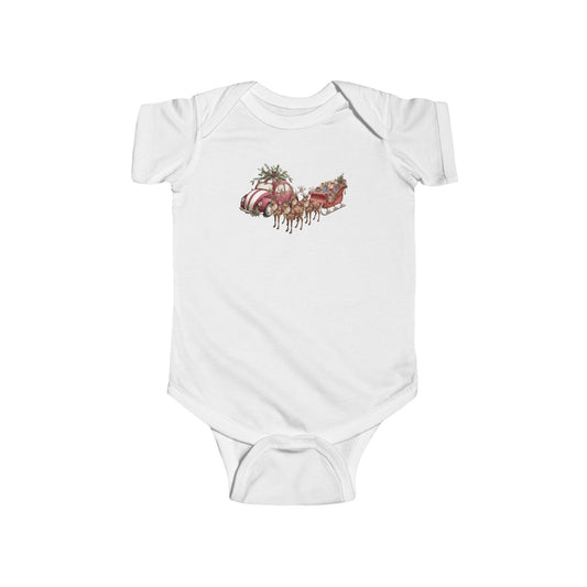 Infant Sleigh Bodysuit featuring a festive red sleigh and reindeer print, made from soft cotton for cozy holiday babywear and easy diaper changes.