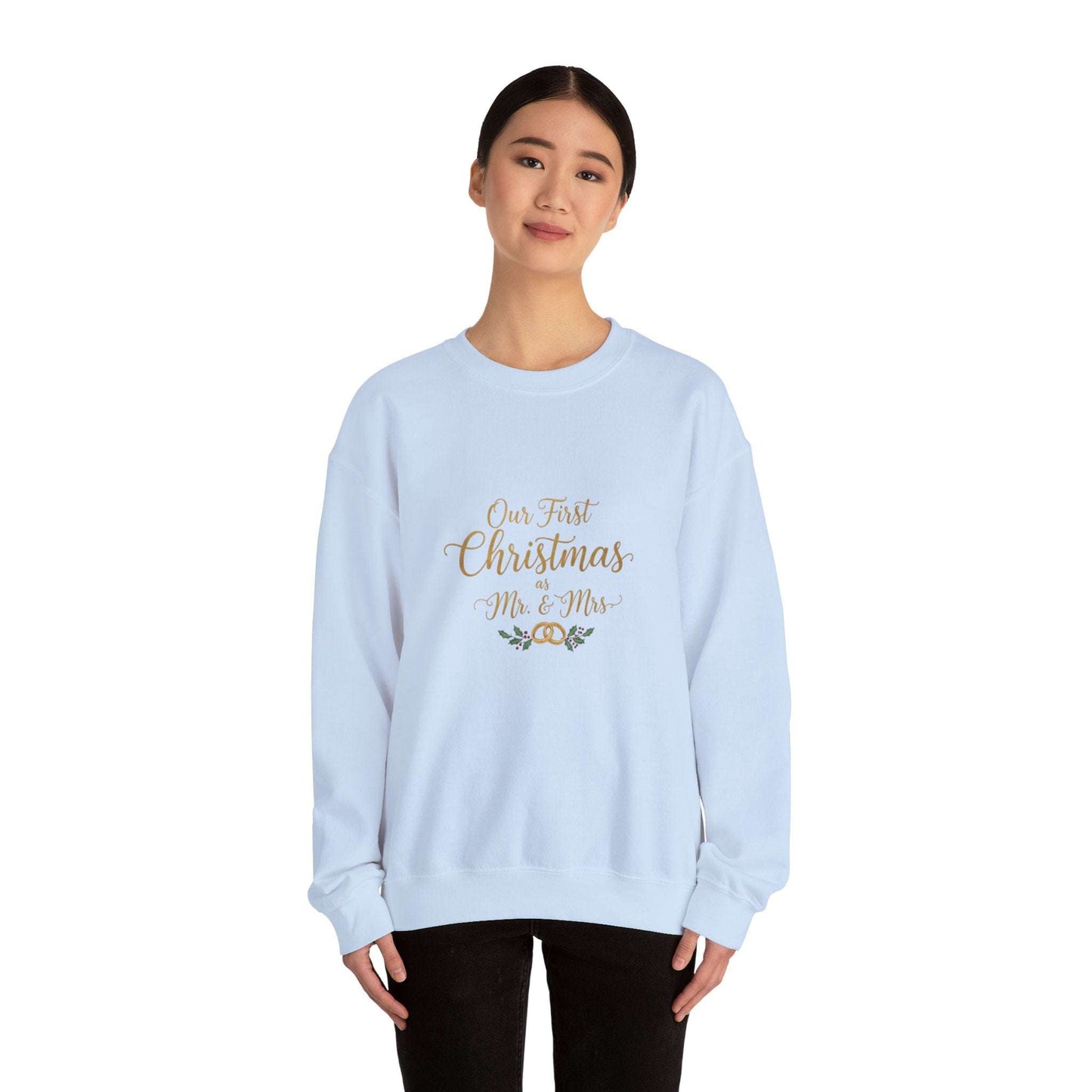 His/Hers Newlyweds Sweatshirt with 'Our First Christmas Mr. & Mrs.' gold embroidery, ideal holiday apparel for couples. Cozy unisex crewneck in light blue.