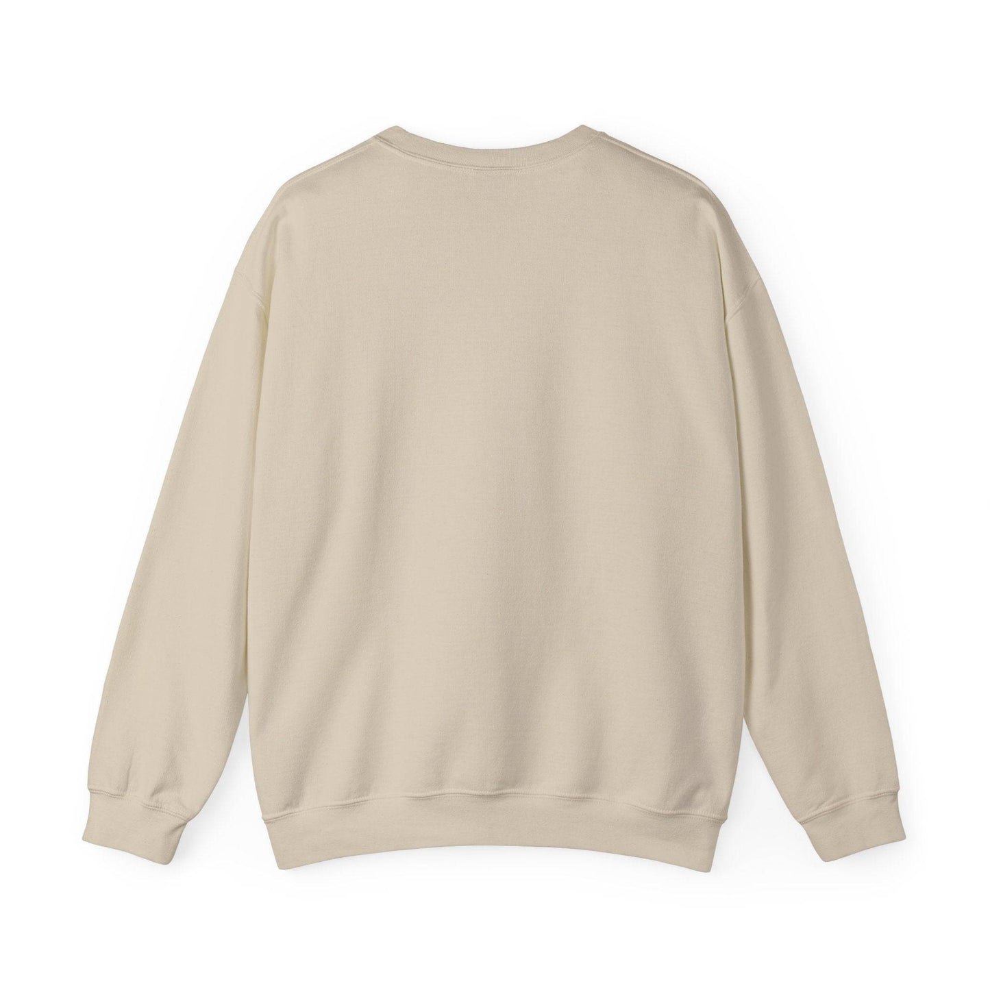 Back view of Women’s Sweatshirt - “Bake it ‘til you make it” in beige. Cozy unisex crewneck ideal for fall fashion and winter wardrobe layering.