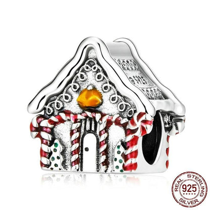 Christmas House Charm - Festive Collection featuring a detailed winter cottage design with candy cane pillars and snowy roof. Made of 925 sterling silver.