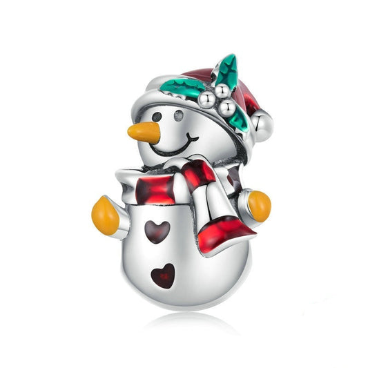 Snowman Charm from the Festive Winter Collection featuring a red scarf, Santa hat with holly, and heart details. Perfect Christmas jewelry accessory.