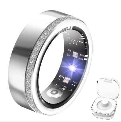 2025 Fitness & Health Tracking Smart Ring for Women in silver with embedded sensors and crystal accents. Includes compact charging case for wellness tracking.