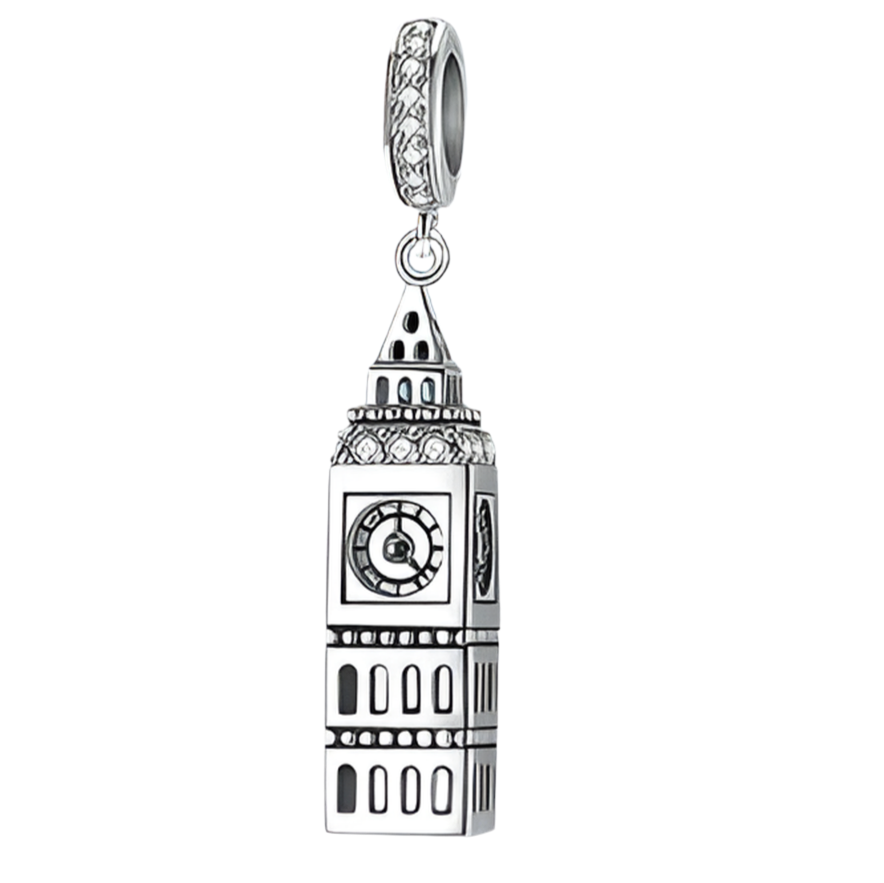 Big Ben Charm in sterling silver with intricate clock tower details and crystal accents. A perfect addition to any charm bracelet or necklace.