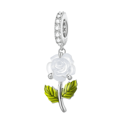 Enchanting Colour Changing Rose Charm with white rose and green leaves, crafted in sterling silver for bracelets and pendants.