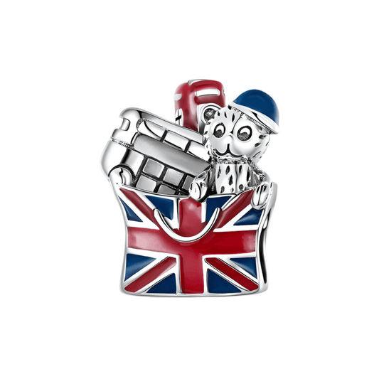 Iconic London Charm for Bracelets featuring UK landmarks like a red phone booth, teddy bear, and Union Jack bag. Crafted in sterling silver enamel.