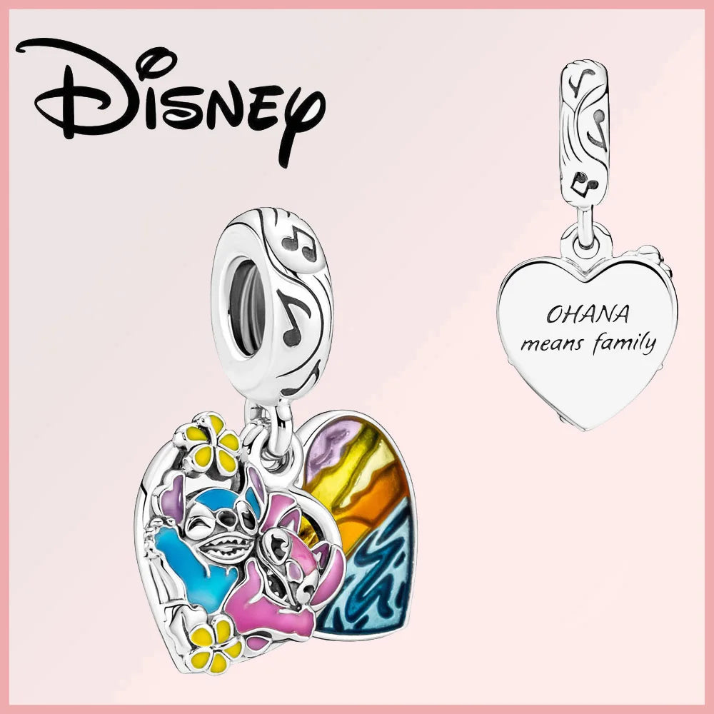 Disney Pixar Charms Collection (Limited Edition) featuring Stitch and Angel in colorful enamel on a heart-shaped sterling silver charm with 'OHANA means family' engraving.