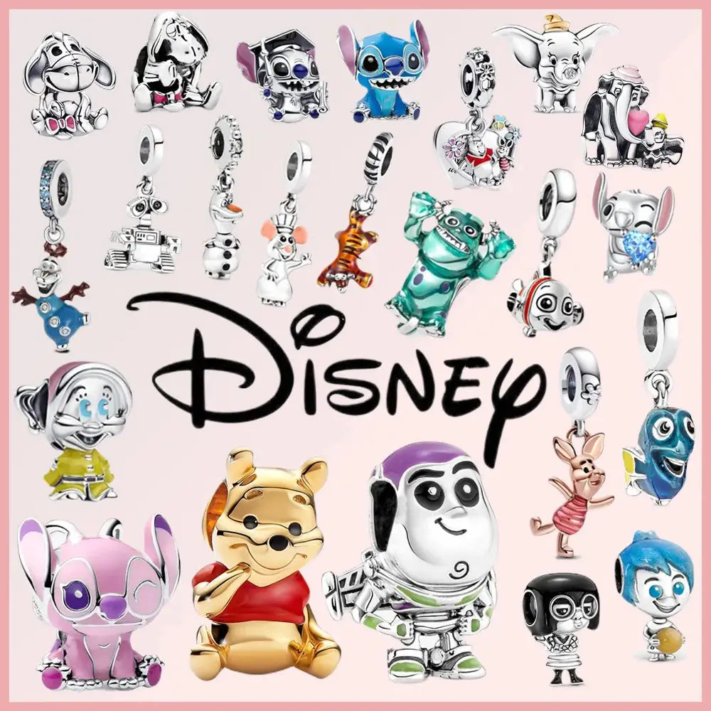 Collection of Disney character charms on a pink background with 'Disney' text.