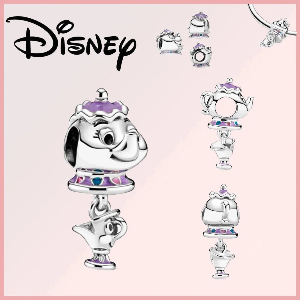 Limited Edition Disney Pixar charm featuring Mrs. Potts and Chip in sterling silver with purple and multicolor zircon accents, perfect for collectors.