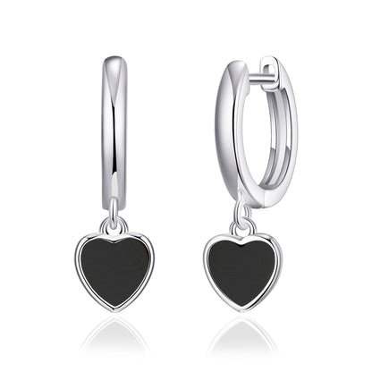 Black Onyx Gemstone Heart Charm Hoop Earrings with Quote Card