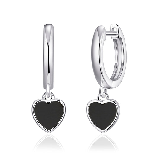 Black Onyx Gemstone Heart Charm Hoop Earrings with Quote Card