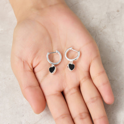 Black Onyx Gemstone Heart Charm Hoop Earrings with Quote Card