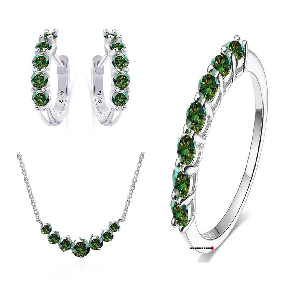 Moissanite Jewellery Set-Sterling Silver Set with deep green stones, featuring matching ring, earrings, and necklace. Stylish and vibrant accessory.