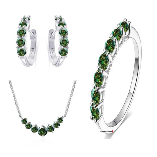 Moissanite Jewellery Set-Sterling Silver Set with deep green stones, featuring matching ring, earrings, and necklace. Stylish and vibrant accessory.