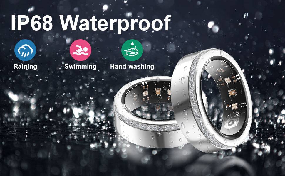 2025 Fitness Tracking Smart Ring for Women shown in silver with waterproof IP68 rating, ideal for swimming, rain, and hand-washing use. Sleek design with embedded sensors for health and wellness insights.