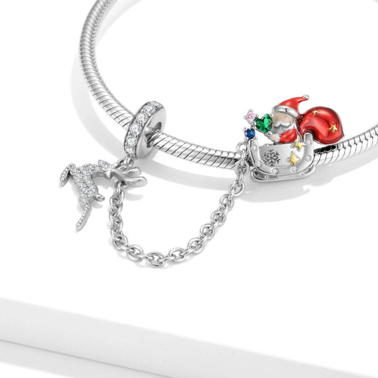 Elk & Santa Claus safety chain charm on bracelet