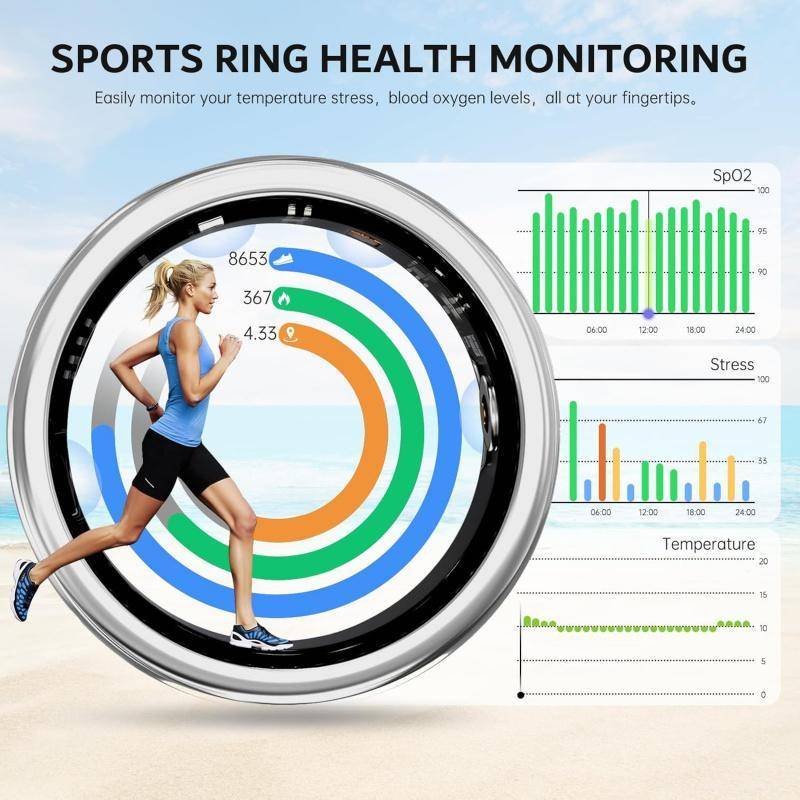 Fitness Tracking Smart Ring - 2025 Women Health | Wellness Insights showing a woman running with circular health data metrics and graphs for SpO2, stress, and temperature. Ideal for tracking wellness via smart app integration.