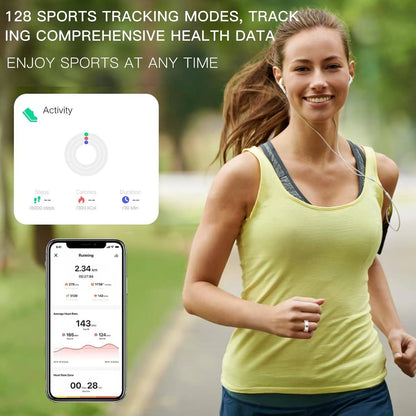 2025 Fitness & Health Tracking Smart Ring for Women shown on a female runner, highlighting real-time activity and heart rate tracking via mobile app.