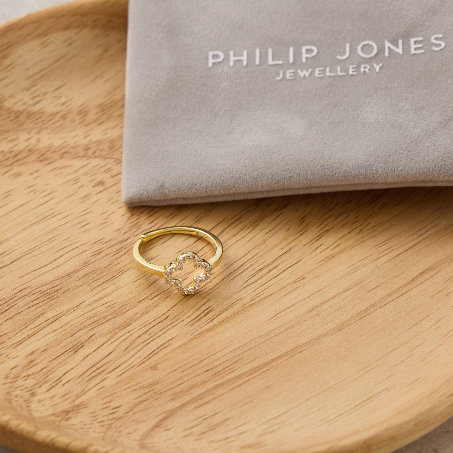 Gold Plated Clover Ring Created with Zircondia® Crystals