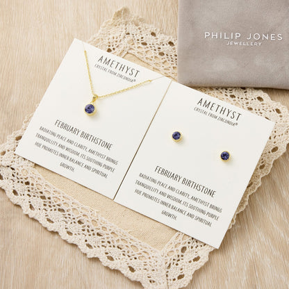 Gold Plated February (Amethyst) Birthstone Necklace & Earrings Set Created with Zircondia® Crystals