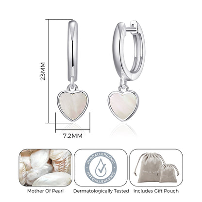 Mother of Pearl Gemstone Heart Charm Hoop Earrings with Quote Card