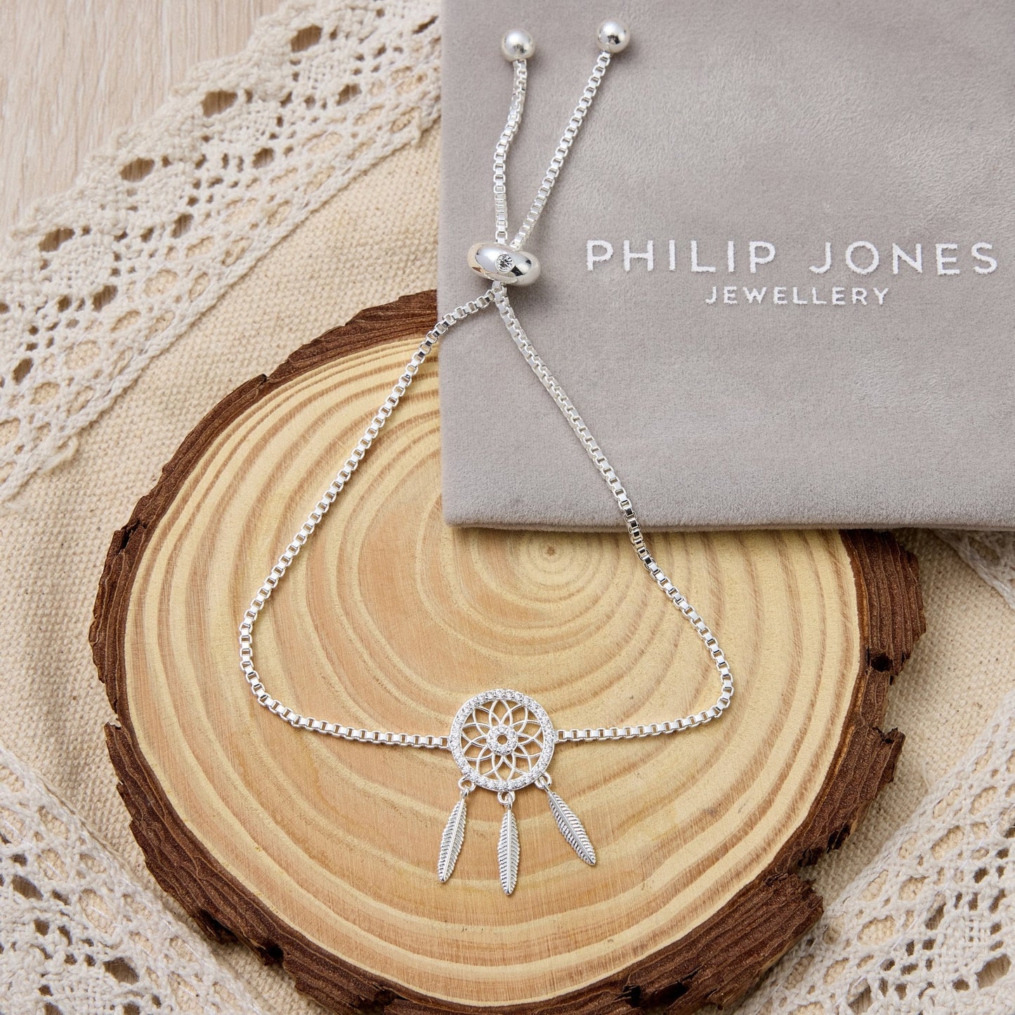 Silver Plated Dream Catcher Friendship Bracelet Created with Zircondia® Crystals