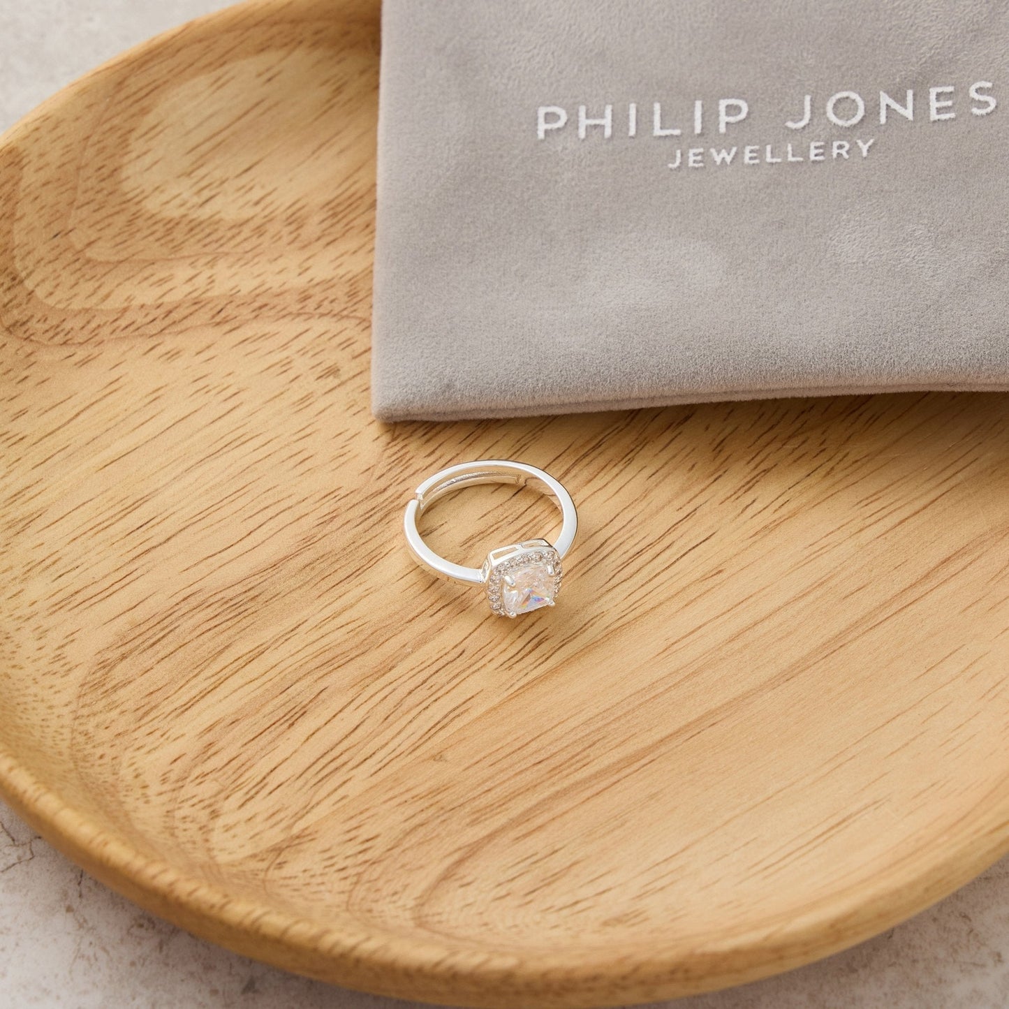 Silver Plated Square Halo Ring Created with Zircondia® Crystals