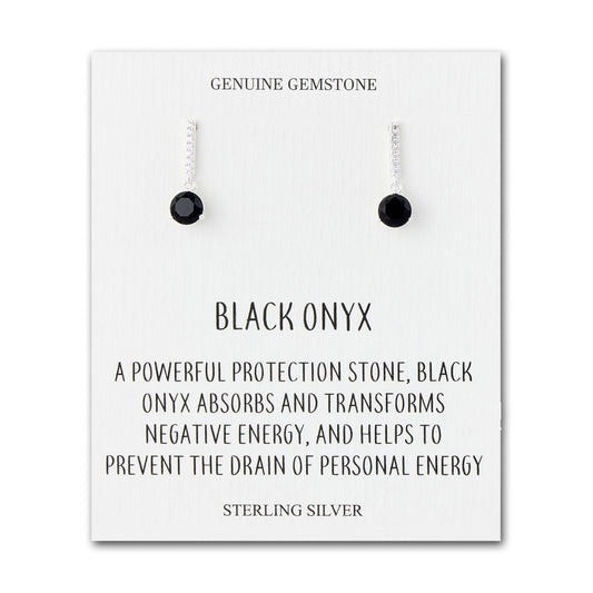 Sterling Silver Black Onyx Gemstone Drop Earrings with Quote Card