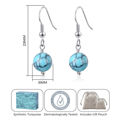 Synthetic Turquoise Gemstone Round Drop Earrings with Quote Card