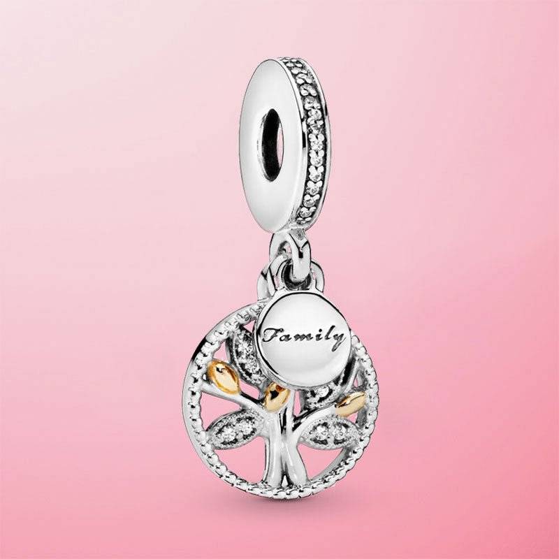 Family Tree Charm on pink background with 'Family' engraving